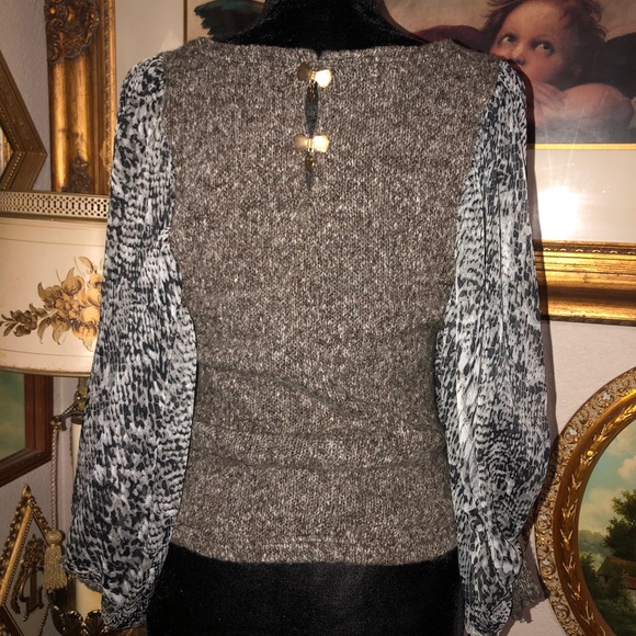 PREOWNED HENDI SZ S Brown Knit Top see through puffy snake print sleeves - Picture 3 of 7